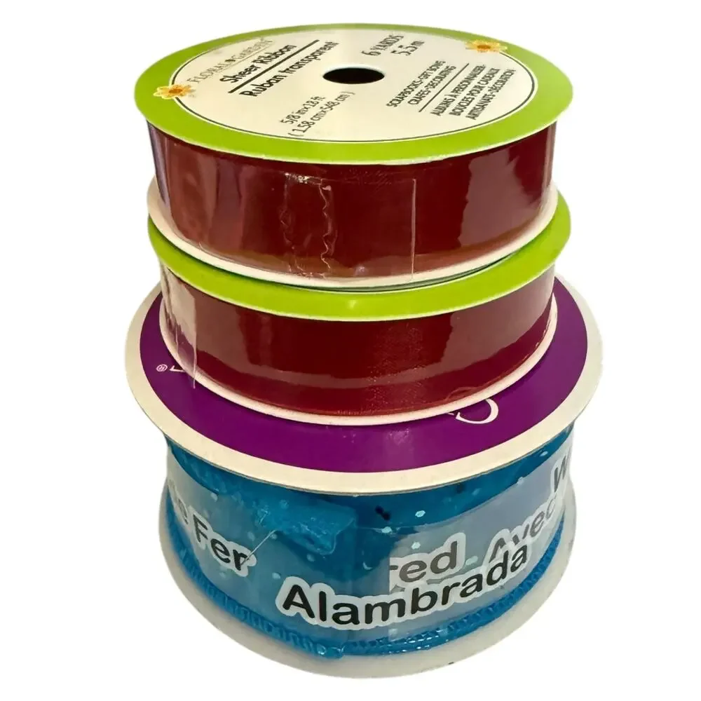 Floral Garden 3 Ribbon Rolls Sheer Red Celebrate It 360 Blue Glitter Wire Ribbon